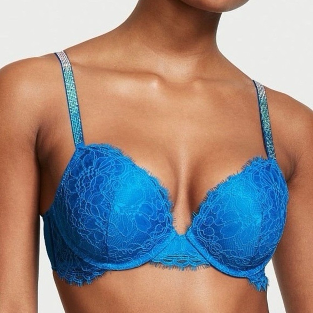 Victoria's Secret Bombshell 38D Blue Lace Bra Push Up Sexy Rhinestone Padded